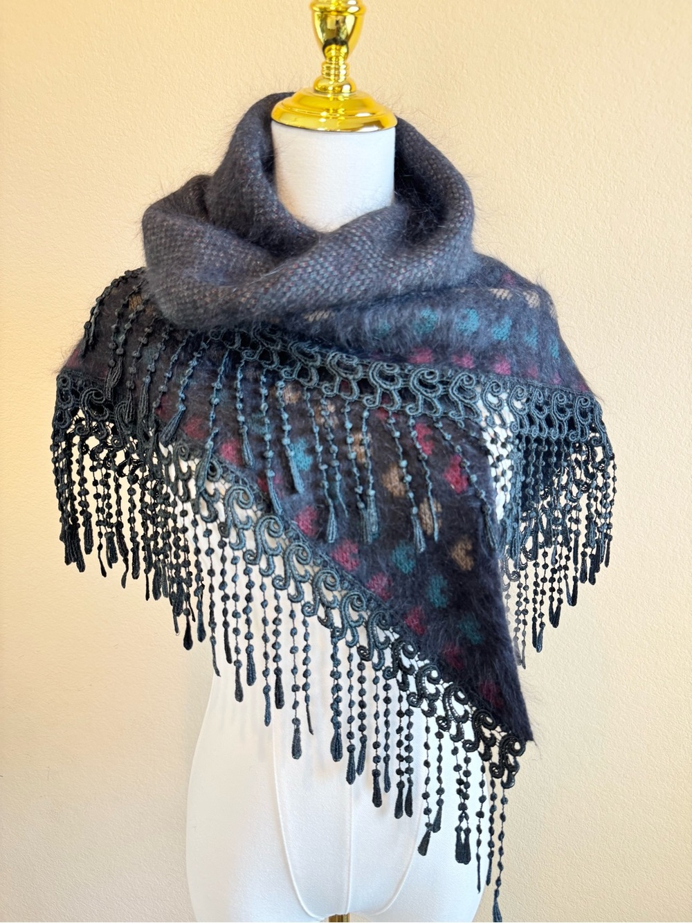 Le Sands Vintage Rare Angora Blend Lace Tassel Shawl Wrap Black Geometric Boho